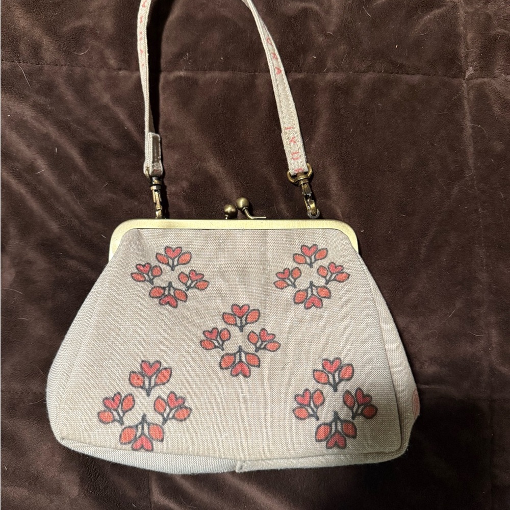 Iyura Tan Gold Embroidered Baroque Leaf Pattern Mini Fabric Frame Bag